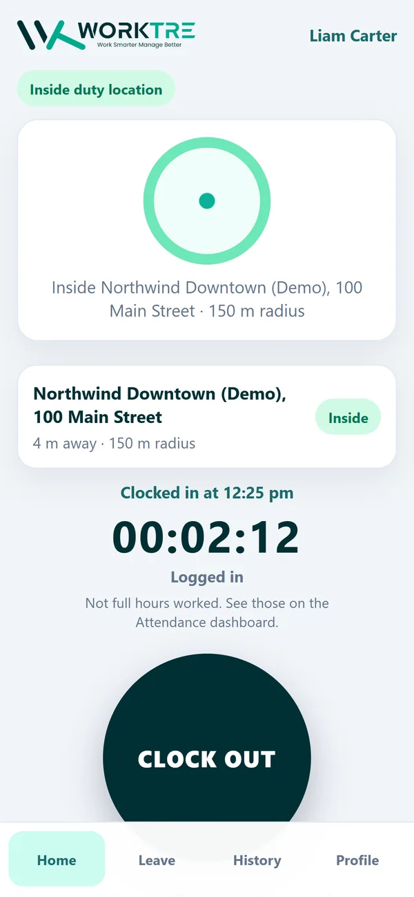 WorkTre Field app on a phone (demo data)