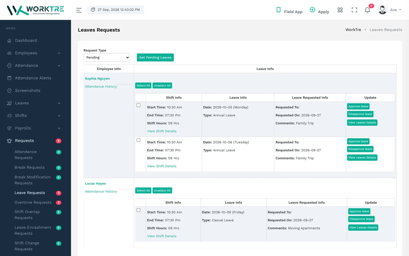 WorkTre requests and approvals (demo data)